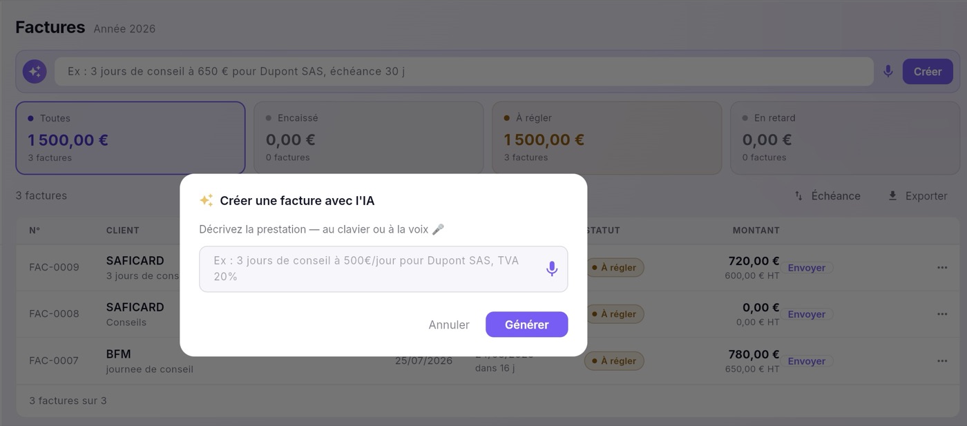 Création d'une facture par l'IA dans Sienia