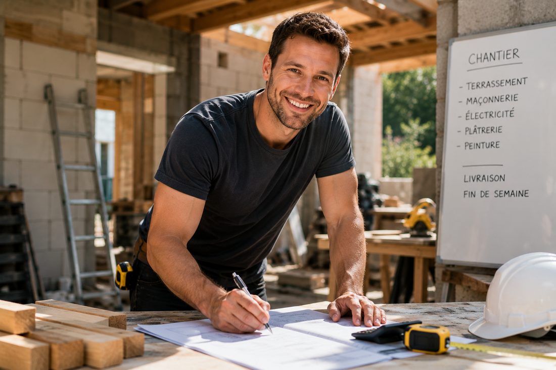 Artisan du bâtiment étudiant ses plans sur un chantier