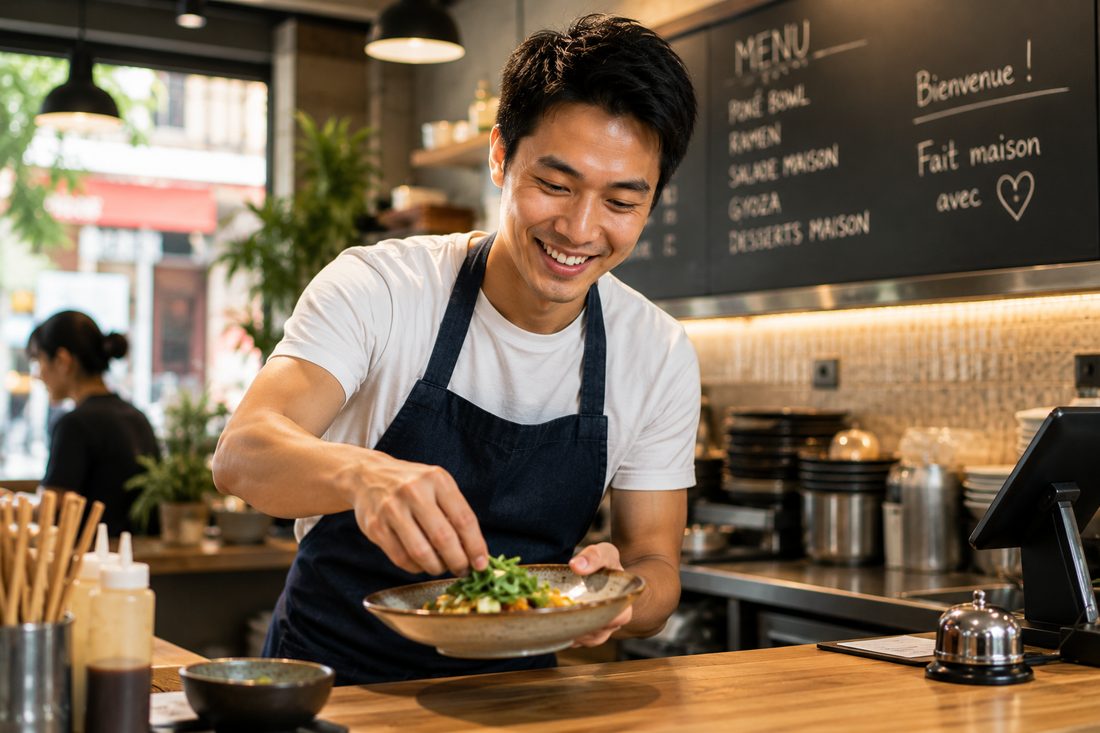 Restaurateur dressant une assiette dans sa cuisine